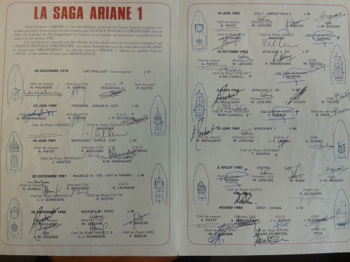 En minne-plakett med underskrift av alle nøkkelpersonene som bidro under oppskytningene av Ariane 1, fra 1979 til 1986